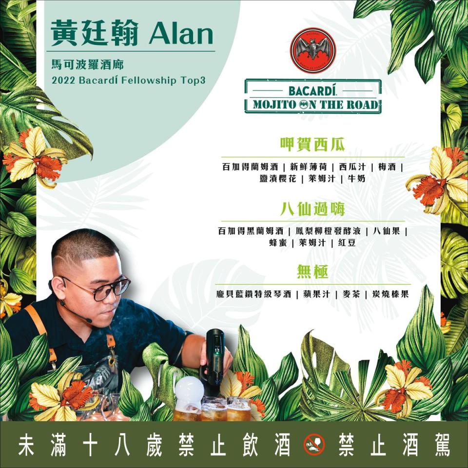 本年度 BACARDÍ  Fellowship得獎調酒師 Alan黃廷翰香格里拉台北遠東國際大飯店-馬可波羅酒廊