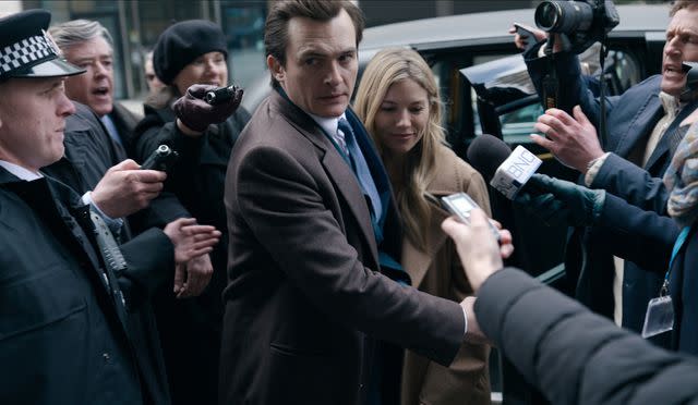 <p>Netflix/Courtesy Everett Collection</p> Rupert Friend and Sienna Miller on 'Anatomy of a Scandal'