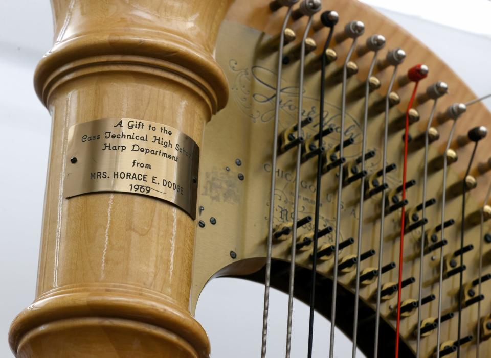 One of the thirteen harps at Cass Technical High School in Detroit on Friday, March 24, 2023. This harp was a gift from Mrs. Horace Dodge back in 1969. 