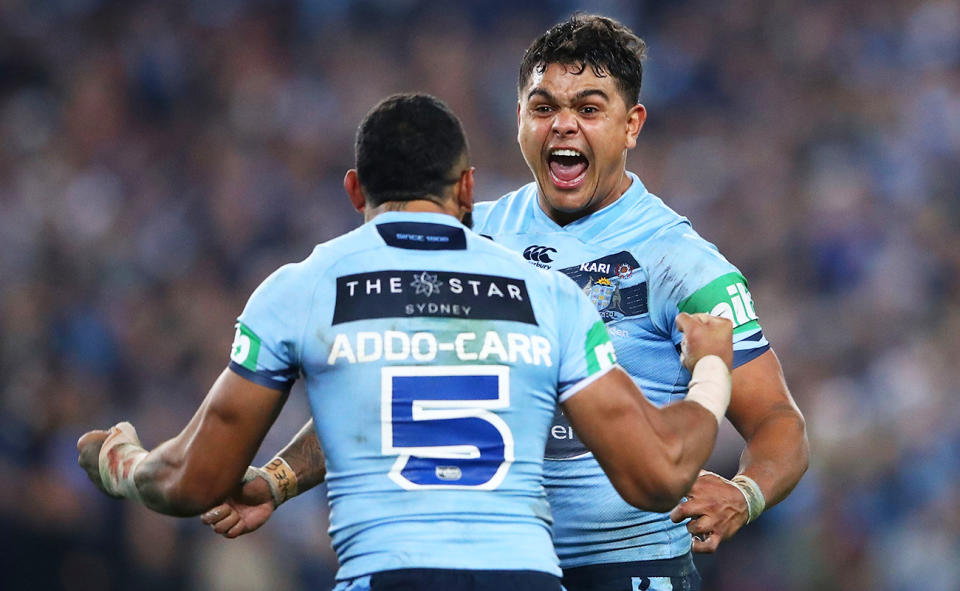 Latrell Mitchell in action for NSW in State of Origin in 2018.