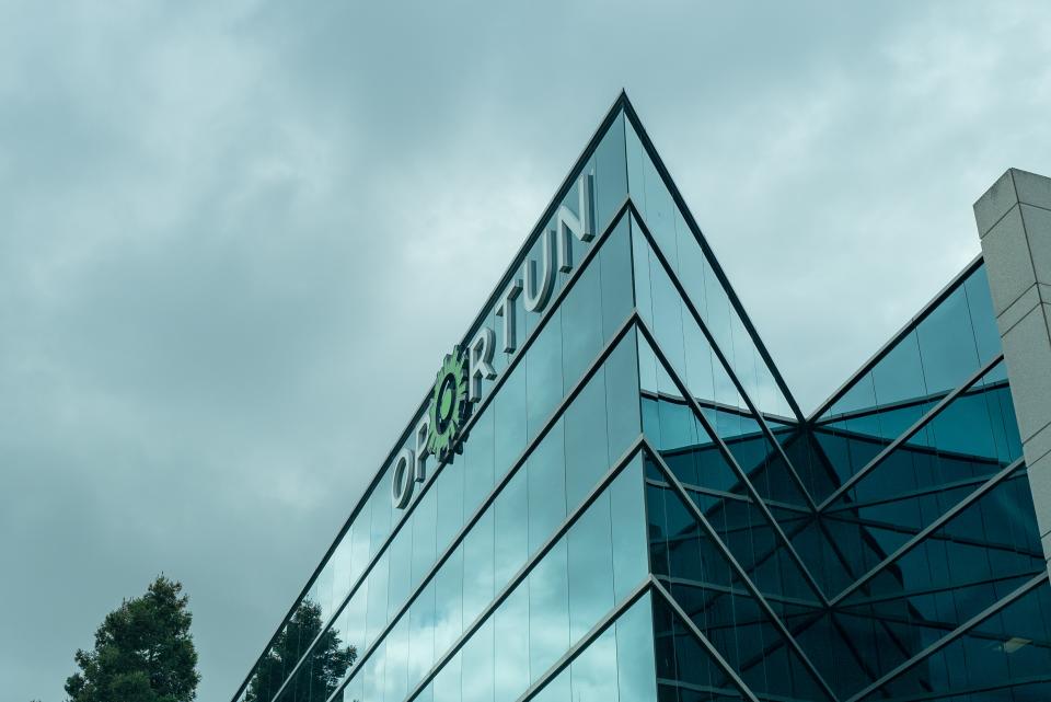 Facade at office of Oportun financial company in the Silicon Valley, Redwood City, California, April 10, 2020. (Photo by Smith Collection/Gado/Getty Images)