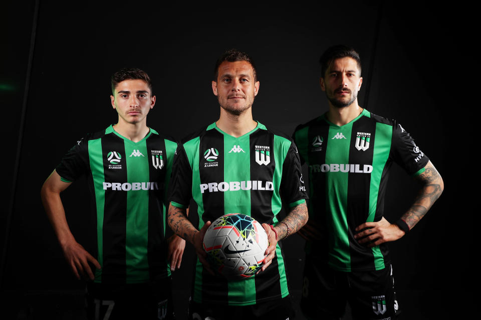 SYDNEY, AUSTRALIA - OCTO(L-R) Joshua Cavallo, Alessandro Diamanti and Panagiotis Kone of Melbourne United FC pose during the A-League 2019-20 A-League season launch at Max Watts on October 08, 2019 in Sydney, Australia. (Photo by Matt King/Getty Images)BER 08: (L-R) Joshua Cavallo, Alessandro Diamanti and Panagiotis Kone of Melbourne United FC pose during the A-League 2019-20 A-League season launch at Max Watts on October 08, 2019 in Sydney, Australia. (Photo by Matt King/Getty Images)