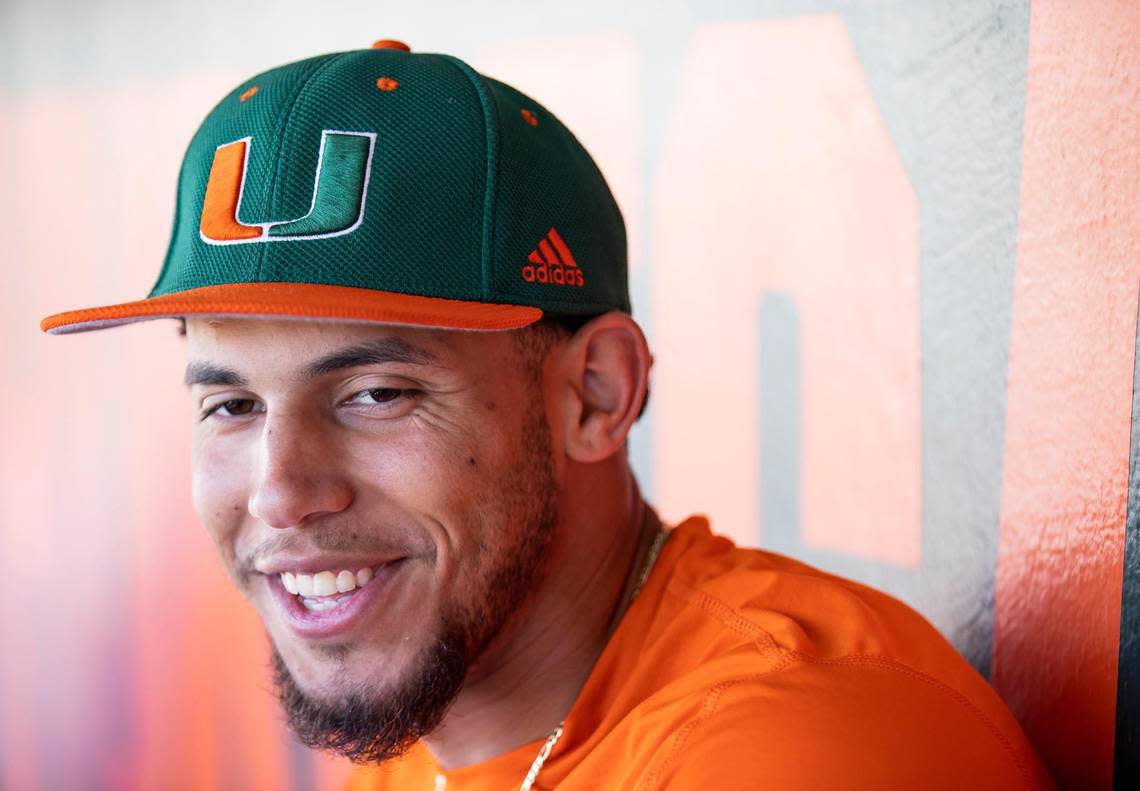 Miami Hurricanes infielder Yohandy Morales (35) speaks to reporters during media day at Mark Light Field on Tuesday, Feb. 14, 2023, in Coral Gables, Fla.