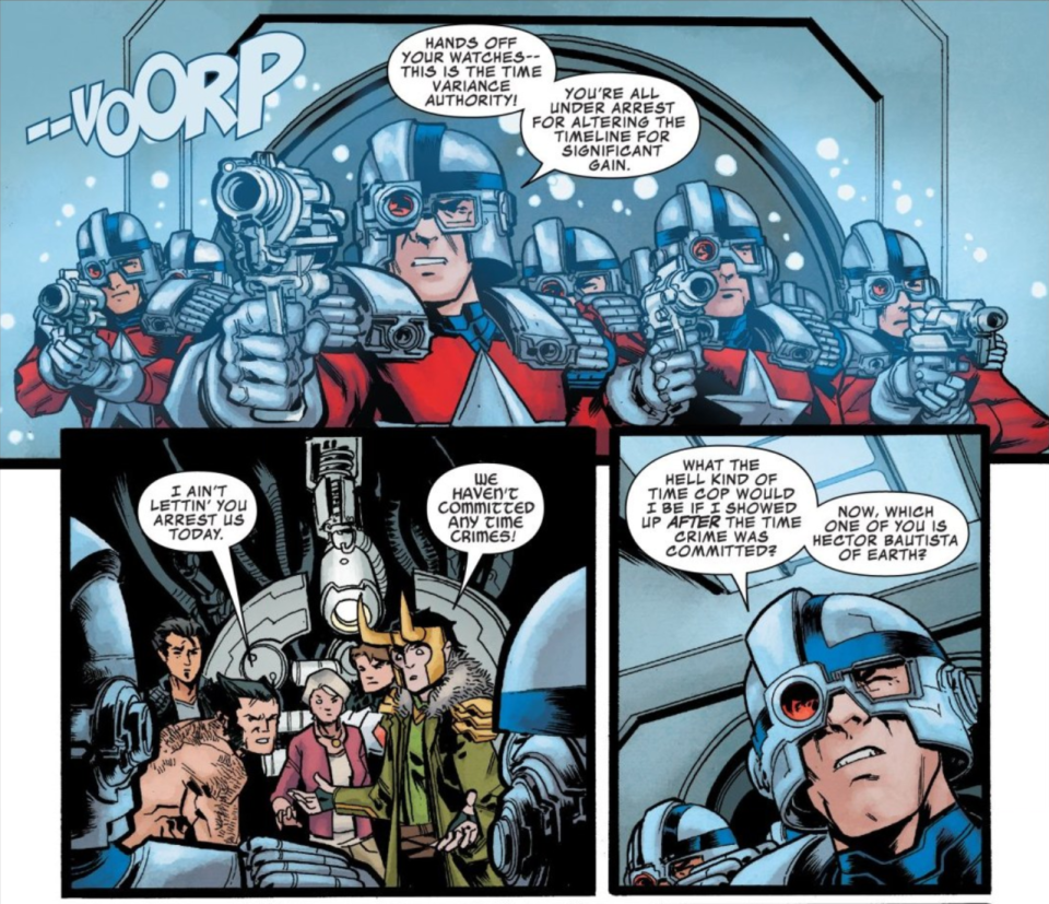 A page from Marvel Comics showing blaster-wielding soldiers representing the TVA.