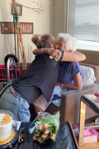 <p>Rachel Platten/TikTok</p> Rachel Platten and Gloria Mikialian share a hug