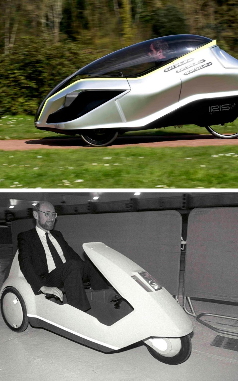 Grant Sinclair riding his invention, the Iris E-Trike electric tricycle, and (bottom) Sir Clive Sinclair in its C5 predecessor - Credit: Reuters