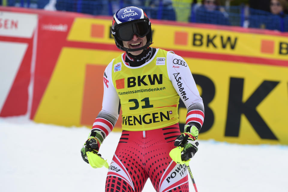 Austria's Matthias Mayer arrives at the finish area during an alpine ski, men's World Cup combined in Wengen, Switzerland, Friday, Jan. 17, 2020. (AP Photo/Marco Tacca)