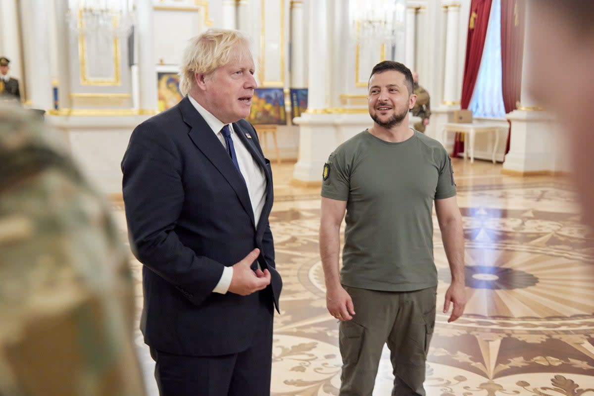 Ukrainian President Volodymyr Zelensky, right, with Prime Minister Boris Johnson, who has made a surprise visit to Kyiv (Ukrainian Presidential Press Office/PA) (PA Media)
