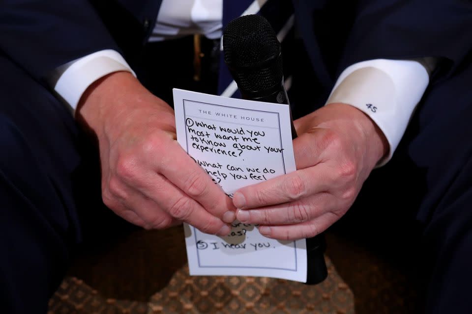 Twitter hit out, not only at Trump's notes, but the 45 embroidered on his cuff. Photo: Getty