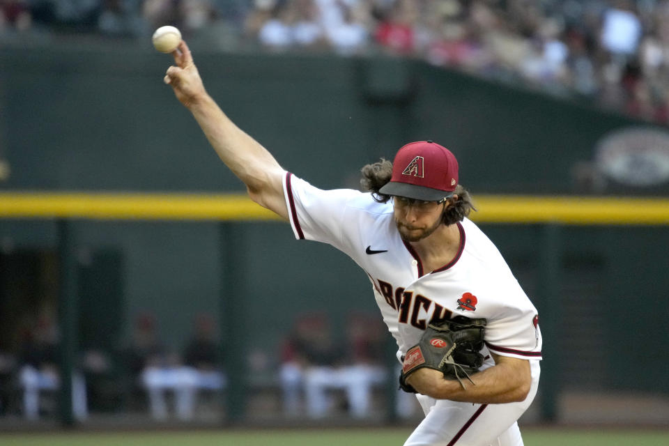 Arizona Diamondbacks pitcher Zac Gallen throws against the Atlanta Braves in the first inning during a baseball game, Monday, May 30, 2022, in Phoenix. (AP Photo/Rick Scuteri)