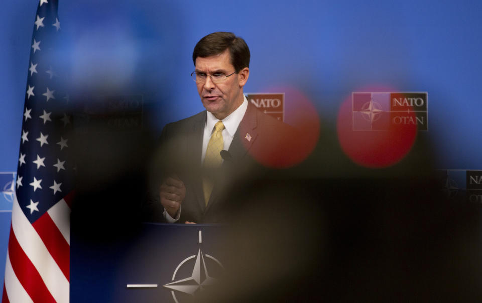 U.S. Secretary for Defense Mark Esper speaks during a media conference at the conclusion of a meeting of NATO defense ministers at NATO headquarters in Brussels, Thursday, Feb. 13, 2020. (AP Photo/Virginia Mayo)