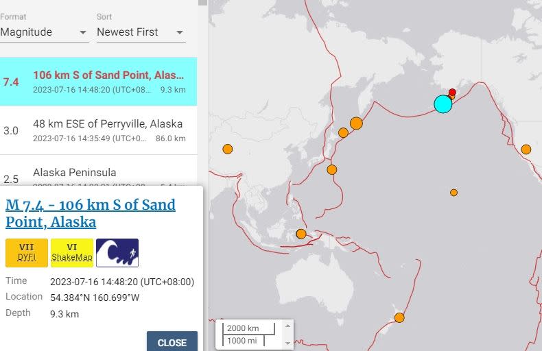 美國阿拉斯加半島外海發生規模7.4強震。（圖／翻攝自USGS）