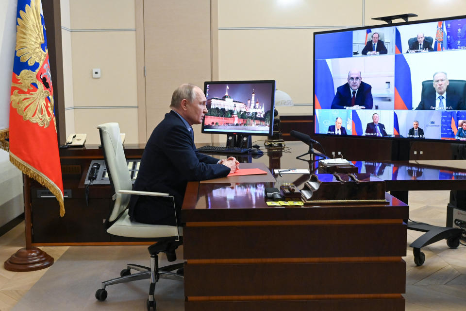 In this pool photograph distributed by Russian state agency Sputnik, Russia's President Vladimir Putin chairs a meeting with members of the Security Council via video link in Moscow on March 29, 2024. (Photo by Pavel Byrkin / POOL / AFP) (Photo by PAVEL BYRKIN/POOL/AFP via Getty Images)