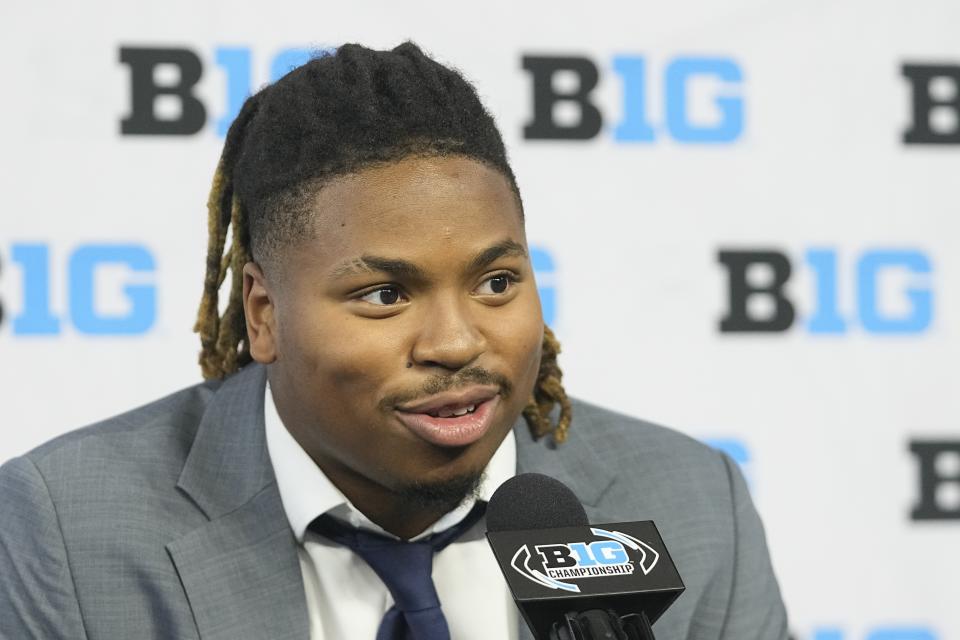 Michigan's Kris Jenkins speaks during an NCAA college football news conference at the Big Ten Conference media days at Lucas Oil Stadium, Thursday, July 27, 2023, in Indianapolis. (AP Photo/Darron Cummings)