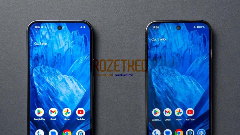 An alleged live photo comparison of the Pixel 9 and Pixel 9 Pro bezels.