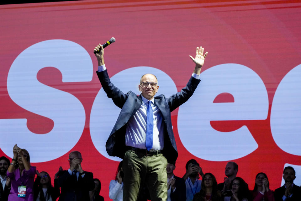 Democratic Party leader Enrico Letta speaks at the party's final rally ahead of Sunday's election in Rome, Friday, Sept. 23, 2022. Italians vote on Sunday for a new Parliament, and they could elect their first far-right premier of the post-war era. If opinion polls hold, Giorgia Meloni could be that premier, as well as become the first woman to lead an Italian government. (AP Photo/Alessandra Tarantino)