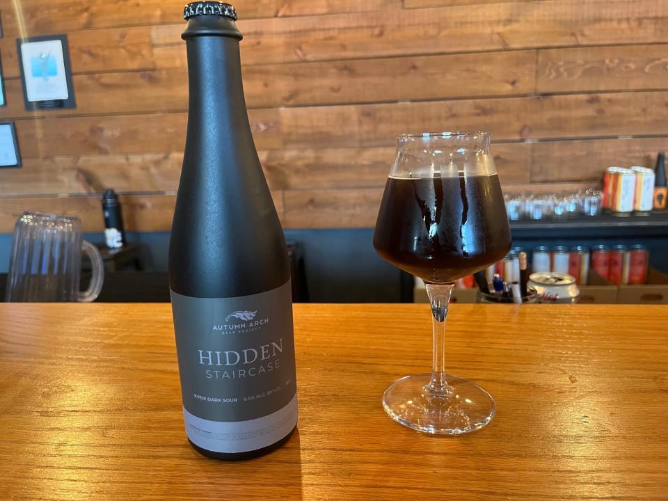 Hidden Staircase is a dark and sour plum beer from Glasgow's Autumn Arch Beer Project that had to be aged for months in oak barrels to take on its full character. .