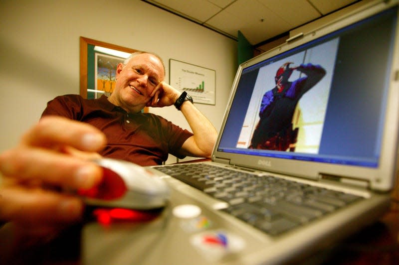 Gordon Bell, senior researcher with Microsoft, showing a self portrait on his laptop on June 6, 2003. - Photo: Fairfax Media /Tanya Lake (Getty Images)
