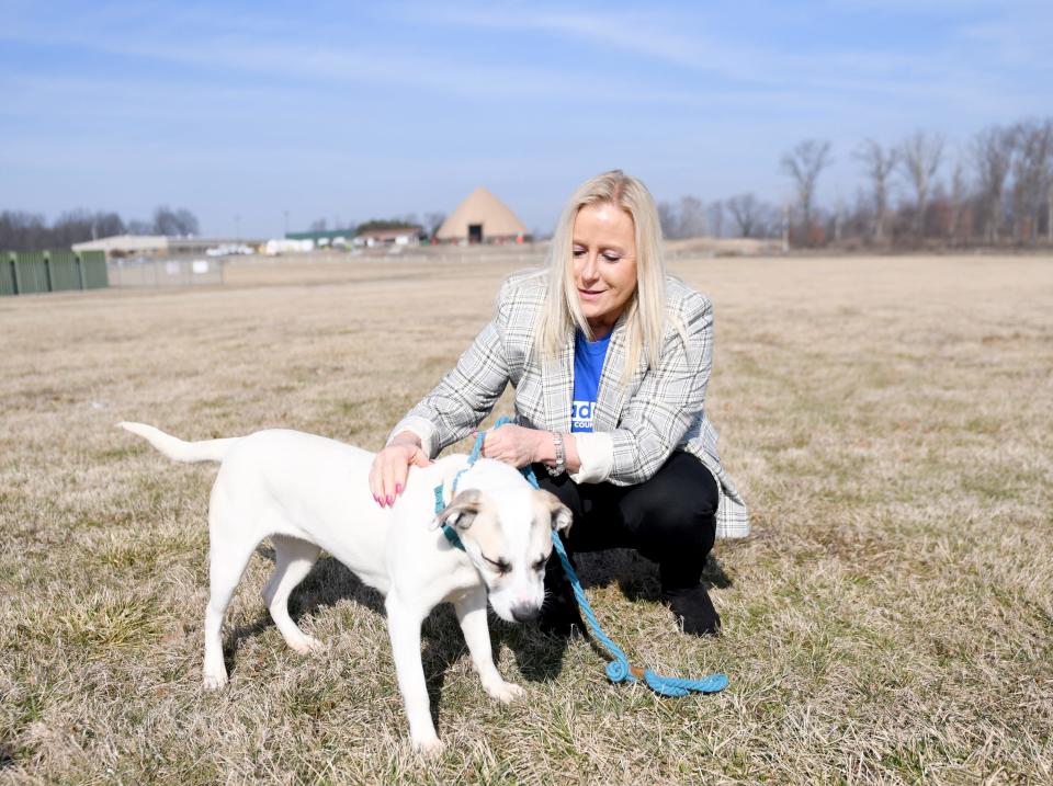 Jackie Godbey, executive director of Stark County Humane Society, pets a pup during a walk at its facility. The agency is beginning the process to reconfigure its interior, starting with a separate building on the lot for storage, then moving in stages.