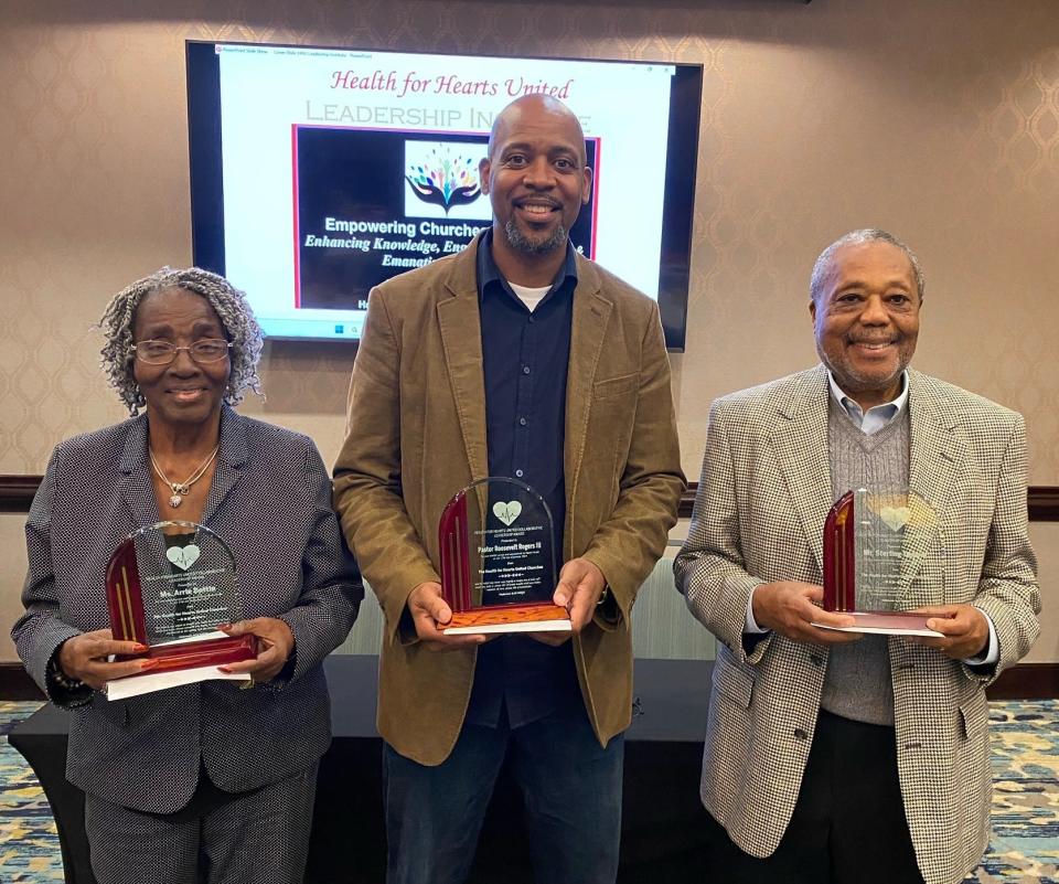 Recipients of the Health for Hearts United Collaborative Leadership Awards for 2024 from left: Arrie Battle, Pastor Roosevelt Rogers III, and Sterling Dupont.