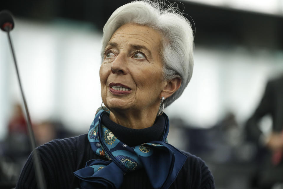 Christine Lagarde president of the ECB before making a speech during the annual report 2018 of the ECB, before the European Parliament's economic and monetary affairs committee at the European Parliament in Strasbourg, France, Tuesday Feb. 11, 2020.  Lagarde warned that the world's central banks have little room to stimulate growth in the economy as interest rates and inflation are already very low. (AP Photo/Jean-François Badias)