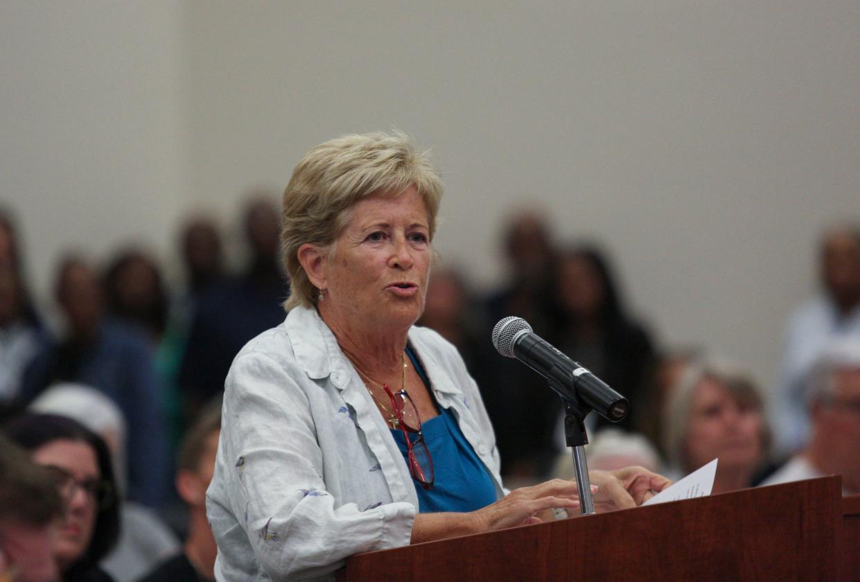 Almost 50 speakers attempted to read passages from school district library books that were sexually explicit in hopes of removal during a Indian River County School Board meeting, Monday, Aug. 28, 2023. The public meeting, which ended after 11:00 p.m., heard from people concerned about sexually explicit language in library books and Gov. Ron DeSantis’ education curriculum based on the approach that “slaves benefitted from slavery.”