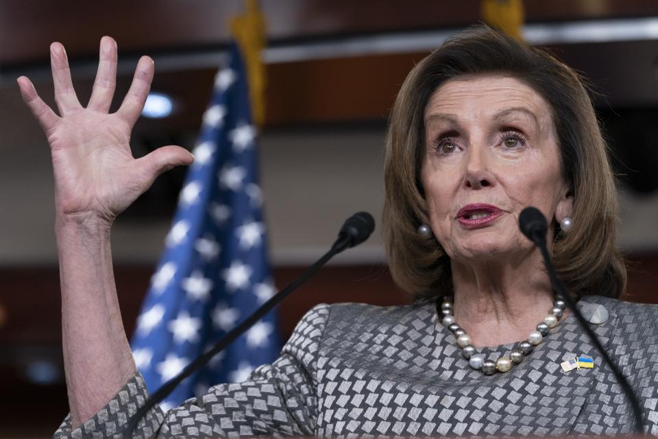 Speaker of the House Nancy Pelosi, of Calif., speaks to the media, Thursday, March 3, 2022, on Capitol Hill in Washington. (AP Photo/Jacquelyn Martin)