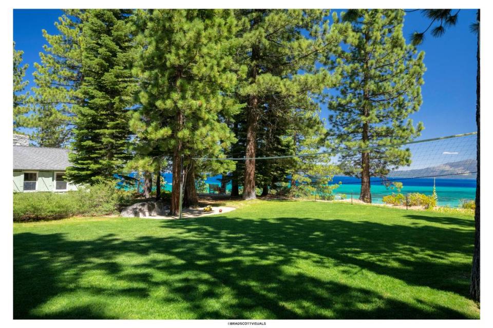 A grassy area provides opportunites for volleyball and croquet.