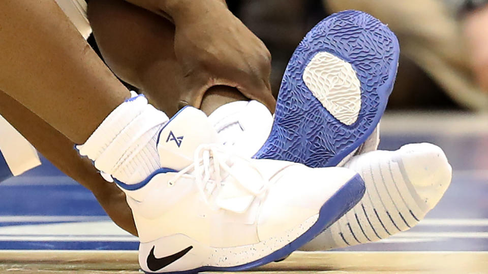 A detailed view of the shoe worn by Zion Williamson. (Photo by Streeter Lecka/Getty Images)