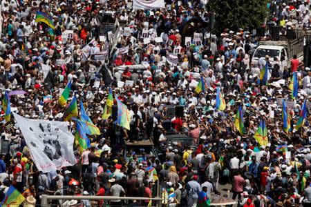 Amazigh take part in demonstration against the Moroccan court, after the jailing of Moroccan activist and the leader of the "Hirak Rif" movement, Nasser Zefzafi and other activists in Rabat, Morocco July 15, 2018. REUTERS/Youssef Boudlal