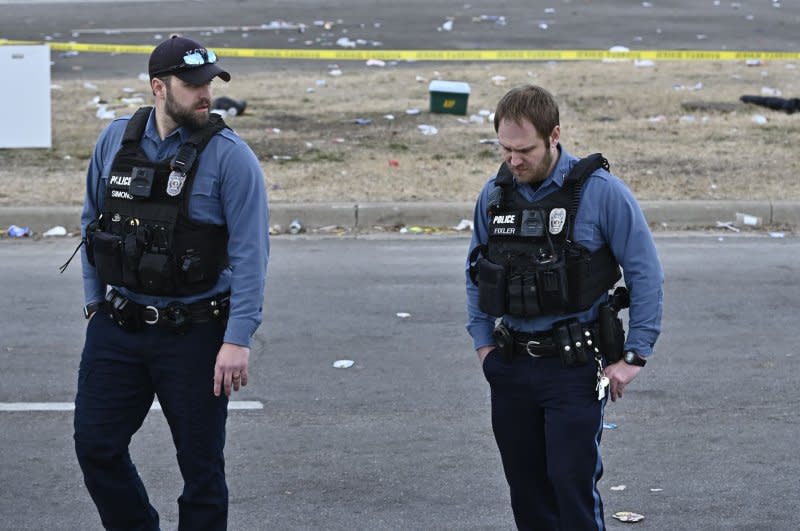 Kansas City Police Chief Stacey Graves said Thursday the Super Bowl parade shooting was not terrorism, but a dispute between several people that ended in gunfire. One person was confirmed killed, 22 wounded and three people are in custody as the Kansas City shooting investigation continued Thursday. Photo by Dave Kaup/EPA-EFE