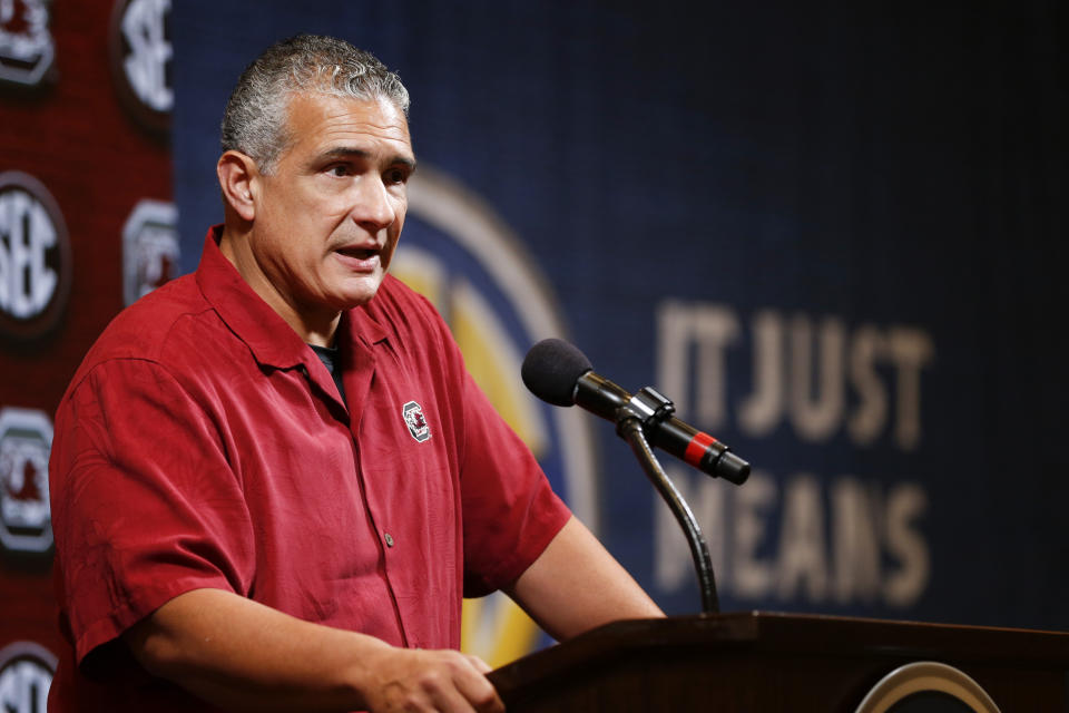 South Carolina head coach Frank Martin speaks during the Southeastern Conference NCAA college basketball media day, Wednesday, Oct. 16, 2019, in Birmingham, Ala. (AP Photo/Butch Dill)