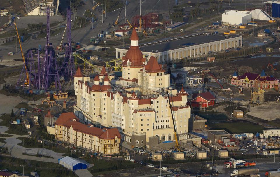 An aerial view from a helicopter shows the "Theme Park / Amusement Park" constructed by the JSC "Sochi Park" company in the Adler district of the Black Sea resort city of Sochi