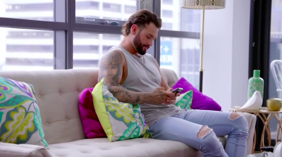 Tonight’s episode of MAFS saw Sam receive a cheeky message from Ines, who is not actually his TV wife. Photo: Channel Nine