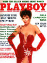 <p>“Dynasty” star Joan Collins was another star who appeared fully clothed in the ’80s. Wearing a glamorous (but admittedly skimpy) red gown, she was the ideal person to front the 1983 Christmas issue. (Photo: Playboy) </p>