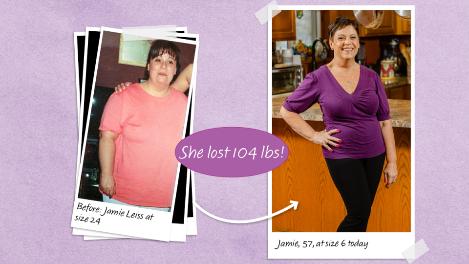 Before and after photos of Jamie Leiss who dropped 104 lbs with the help of prebiotics for weight loss