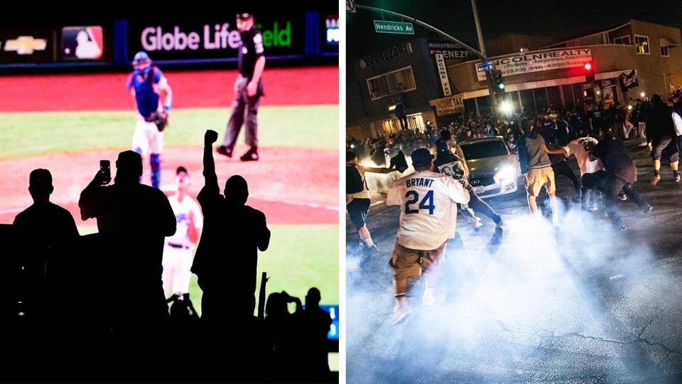 Dodgers fans celebrating on the street (pictured right) and celebrating after Dodgers won the World Series (pictured left).