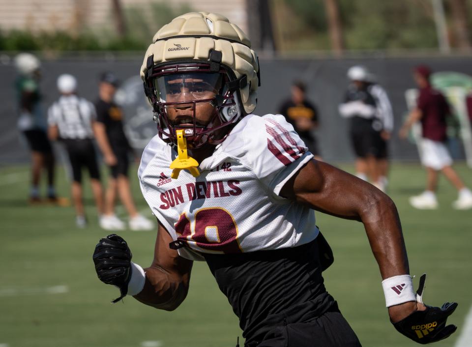 DB Keith Abney (19) runs a drill during practice at ASU's Kajikawa practice fields in Tempe on Sept. 6, 2023.