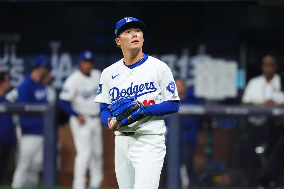 SEOUL, SOUTH KOREA - MARCH 21: Yoshinobu Yamamoto #18 of the Los Angeles Dodgers reacts after allowing Luis Campusano #12 of the San Diego Padres a RBI double in the 1st inning during the 2024 Seoul Series game between San Diego Padres and Los Angeles Dodgers at Gocheok Sky Dome on March 21, 2024 in Seoul, South Korea. (Photo by Masterpress/Getty Images)