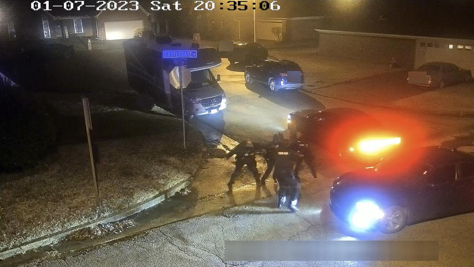 The image from video released on Jan. 27, 2023, by the City of Memphis, shows Tyre Nichols during a brutal attack by five Memphis police officers on Jan. 7, 2023, in Memphis, Tenn. Nichols died on Jan. 10. The five officers have since been fired and charged with second-degree murder and other offenses. (City of Memphis via AP)