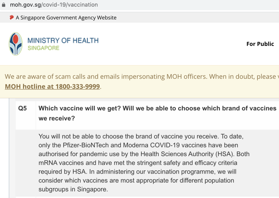 Question in vaccination FAQs on Ministry of Health's website as of 13 April 2021. (SCREENSHOT: Ministry of Health)