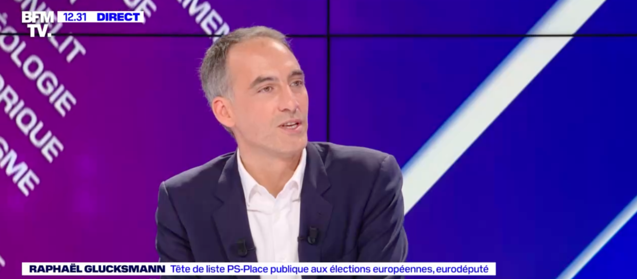 Raphaël Glucksmann le 17 mars 2024, invité de BFMTV. 