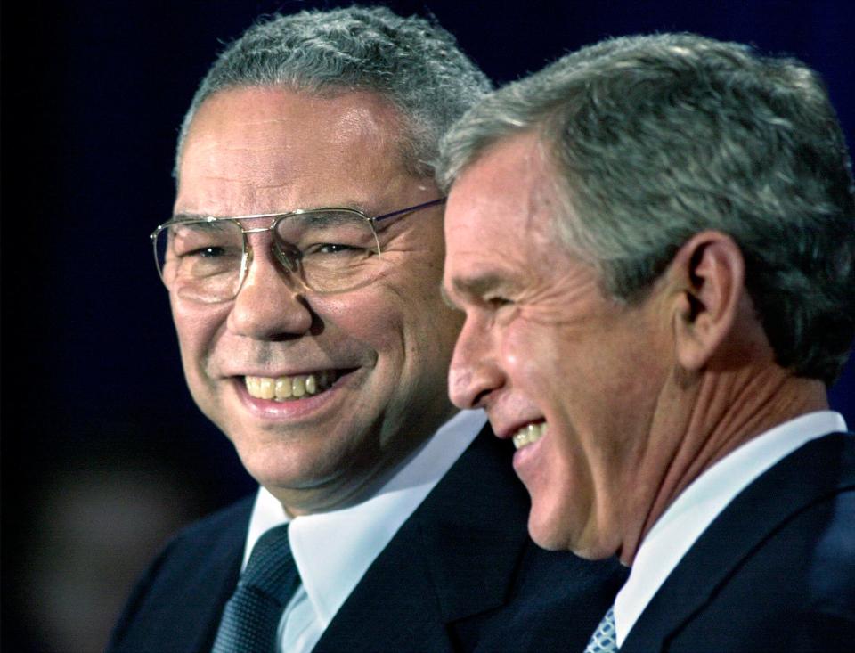 President-elect George W. Bush introduces retired Gen. Colin Powell as his nominee to be secretary of State on Dec. 16, 2000.