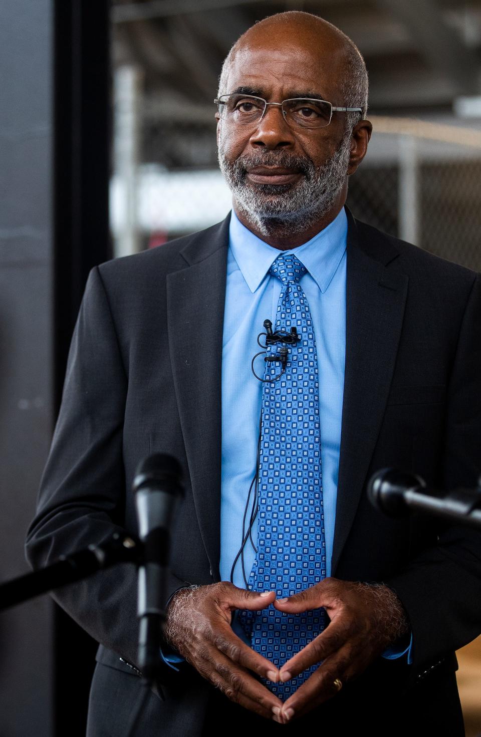 FAMU President Larry Robinson speaks to press outside the Galimore-Powell Field House on Tuesday, Aug. 30, 2022 in Tallahassee, Fla. after meeting with football players. 