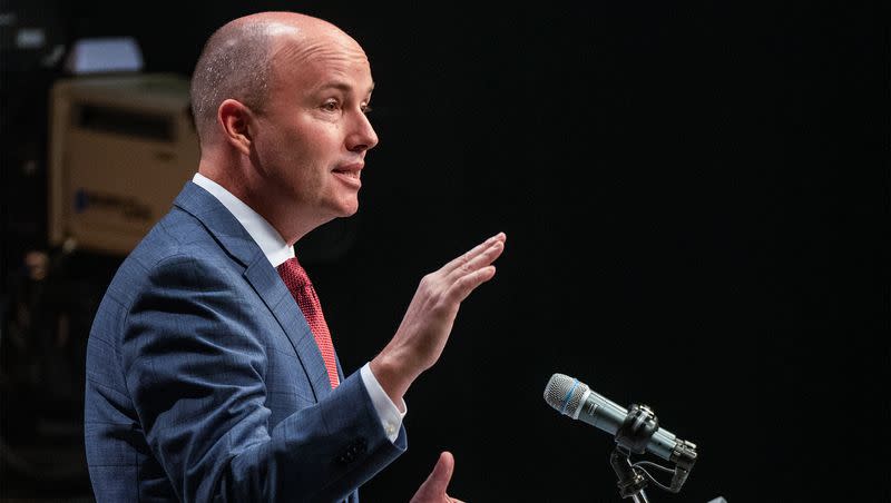 Gov. Spencer Cox speaks to media during a monthly news conference at PBS Utah at the Eccles Broadcast Center in Salt Lake City on Wednesday, Dec. 20, 2023.