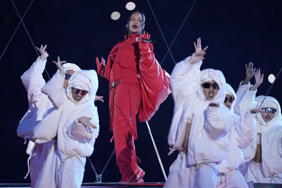 Rihanna performs during the halftime show at the NFL Super Bowl 57 football game between the Kansas City Chiefs and the Philadelphia Eagles, Sunday, Feb. 12, 2023, in Glendale, Ariz. (AP Photo/Brynn Anderson)