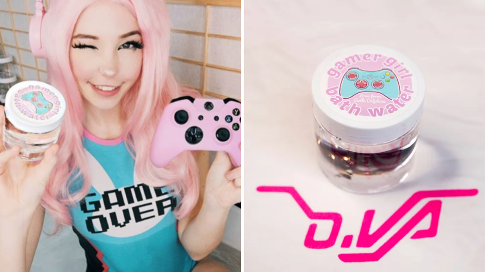 Belle Delphine is selling her bathwater for $43. On the left, Delphine holds her bathwater and a game controller in each hand. On the right, the bathwater is pictured on a white table. Source: Belledelphinestore.com