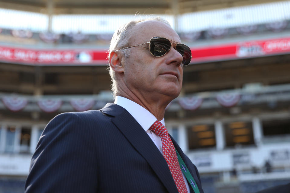 BRONX, NY - OCTOBER 15: Major League Baseball Commissioner Robert D. Manfred looks on prior to Game 3 of the ALCS between the Houston Astros and the New York Yankees at Yankee Stadium on Tuesday, October 15, 2019 in the Bronx borough of New York City. (Photo by Rob Tringali/MLB Photos via Getty Images)