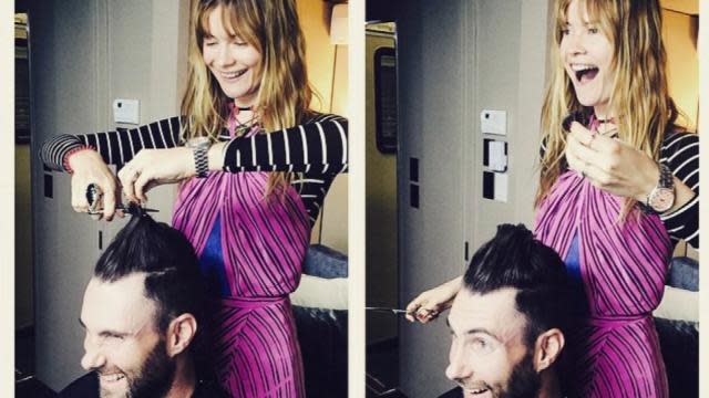 What's a marriage without trust? Although Adam Levine's hair is a national treasure to some women, the handsome <em>Voice </em>coach recently entrusted his precious locks to his wife, Victoria's Secret Angel Behati Prinsloo. Scaring plenty of his fans, Behati Instagrammed this pic of her cutting off a sizeable chunk of the 36-year-old Maroon 5 frontman's combover on Wednesday, writing, "Give me them scissors!" To his credit, Adam looks pretty ecstatic about the big chop. PHOTOS: Biggest Celebrity Hair Shake-Ups Adam debuted his new look on <em>The Voice</em> this week, which as you can see by comparing the pics below, is much shorter. Getty Images Getty Images Even <em>The Voice</em>'s official Twitter called out Adam's new look, tweeting on Wednesday, "Adam's haircut tho. #VoiceResults." Adam's haircut tho. #VoiceResults— The Voice (@NBCTheVoice) April 22, 2015 But most fans agreed, Adam looks great no matter what hair style. @NBCTheVoice Adam's hair is perfect in any way he wears it!— charity (@charity_rn) April 22, 2015 @NBCTheVoice seriously? Adam can wear his hair short or long and still look Amazing!— Michelle Burton (@MICHELLE_BURT0N) April 22, 2015 Good job, Behati! VIDEO: Adam Levine's Reaction to a 10-Year-Old Fan with Down Syndrome Will Make You Love Him Even More Check out the video below to see what makes Adam one of the most endearing celebs.