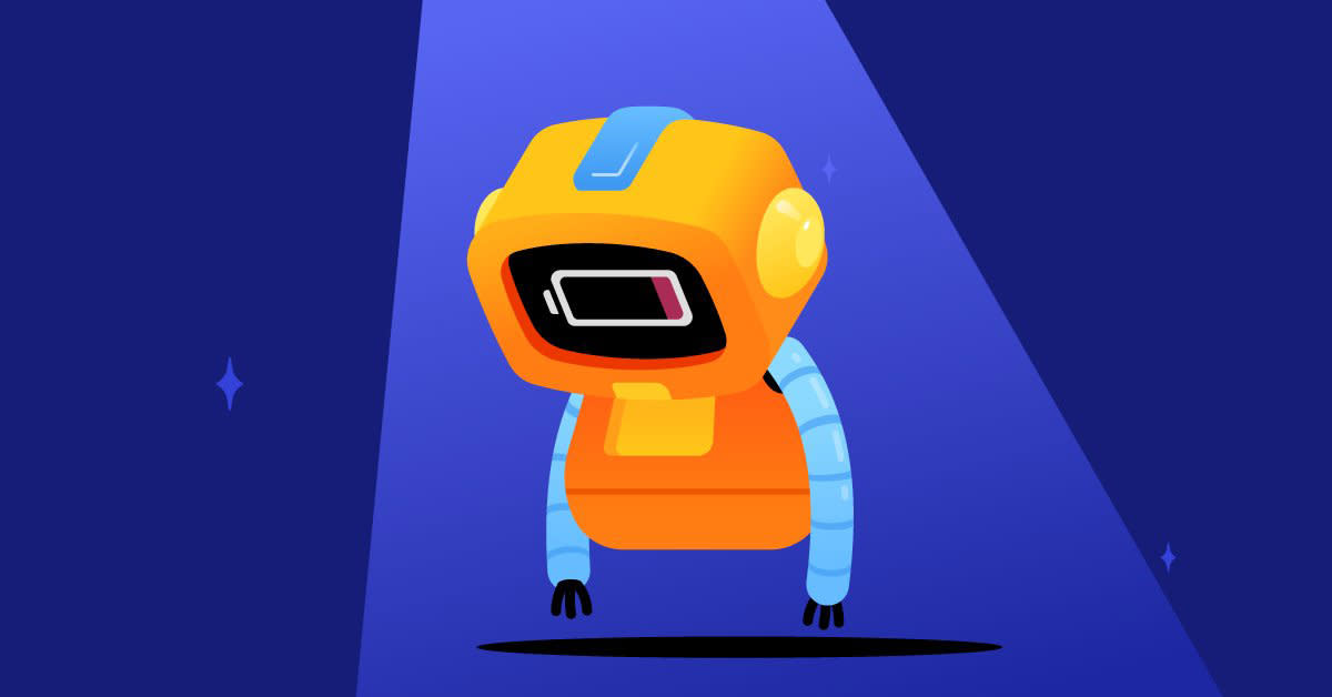  A sad robot in Discord's logo illustration style, whose face is displaying a 'low battery' symbol. 